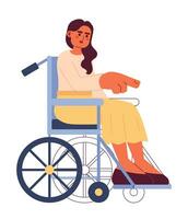 fauteuil roulant Jeune femme montrer du doigt avec doigt 2d dessin animé personnage. Indien Jeune adulte femelle avec invalidité isolé vecteur la personne blanc Contexte. mobilité paraplégique Couleur plat place illustration