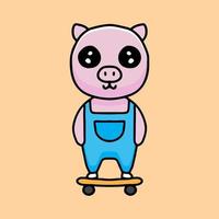 Dessin animé cochon kawaii jouant à la planche à roulettes. illustration de conception pour autocollant et vêtements vecteur