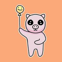 dessin animé de cochon kawaii tenant un ballon. illustration de mascotte pour autocollant et vêtements vecteur