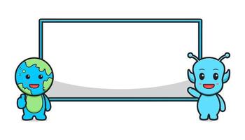Alien mignon et terre avec illustration d'icône de vecteur de dessin animé de panneau de bannière vierge