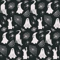 noir et blanc silhouette Halloween sans couture modèle avec fantôme, araignée la toile, chats et araignées. isolé contour effrayant éléments sur noir Contexte. foncé thème pour décoration, textile, emballage papier vecteur