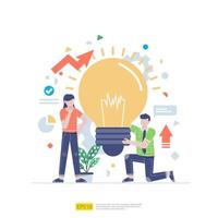 le travail d'équipe des employés de démarrage. illustration de concept d'entreprise de brainstorming, de développement, d'innovation, de discussion de recherche les uns avec les autres. scènes d'hommes et de femmes au bureau travaillant avec une lampe à ampoule vecteur