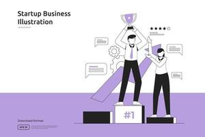 Gagnant du prix du champion d'homme d'affaires avec une illustration réussie du trophée de la coupe. lancement de démarrage et concept d'entreprise d'investissement. page de destination web de conception plate de métaphore de travail d'équipe ou site Web mobile vecteur