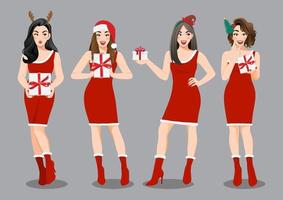 groupe de filles de noël en robe rouge tenant le personnage de dessin animé de boîtes présentes. joyeux noël et bonne année vente concept vecteur