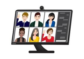 conférence vidéo. appel vidéo de groupe. collègues communiquent à l'aide d'un ordinateur. vecteur