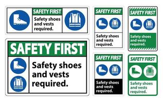 Premier signe de sécurité chaussures de sécurité et gilet requis avec symboles ppe sur fond blanc, illustration vectorielle vecteur