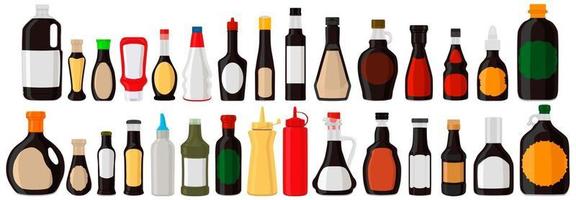 illustration sur le thème grand kit bouteilles en verre variées remplies de sauce liquide unagi vecteur