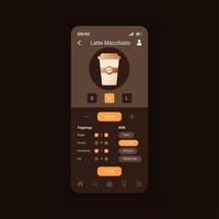 modèle vectoriel d'interface de smartphone de préparation de latte macchiato. faire un café parfait. mise en page de conception de page d'application mobile. choisir l'espresso avec écran de noix de coco. interface utilisateur plate pour l'application. affichage du téléphone