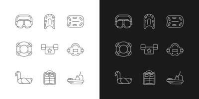 icônes linéaires de cours de natation définies pour le mode sombre et clair. aide à la flottaison. pull de flaque d'eau. protection des yeux. symboles de ligne mince personnalisables. illustrations de contour de vecteur isolé. trait modifiable