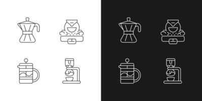 les icônes linéaires de l'appareil à café sont définies pour les modes sombre et clair. pot de moka. presse française. fabrication d'espresso. symboles de ligne mince personnalisables. illustrations de contour de vecteur isolé. trait modifiable