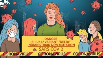 illustration de bannière pour la conception conception une nouvelle souche du virus corona sars-cov-2 personnes masquées sur le fond de la ville un panneau avec le nom et une bande de signal vecteur