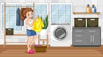 scène de buanderie avec une femme séchant ses vêtements