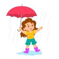 fille heureuse d'enfant avec un parapluie et des bottes en caoutchouc vecteur