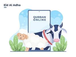 illustration acheter un animal sacrificiel ou un animal qurban avec en ligne pour célébrer l'Aïd al adha. eid al adha fait un don d'animal de sacrifice avec un smartphone en ligne. peut être utilisé pour le site Web, la bannière, l'affiche, le dépliant. vecteur