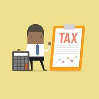 homme d'affaires africain debout avec un document fiscal sur un presse-papiers et une calculatrice. concept de paiement d'impôt. vecteur