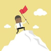 homme d'affaires africain debout avec un drapeau rouge au sommet de la montagne. vecteur