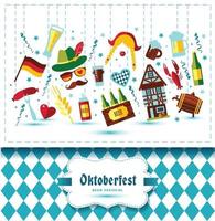 illustration vectorielle design plat avec symboles de célébration de l'oktoberfest. conception de célébration de l'oktoberfest avec chapeau bavarois et feuilles d'automne et icônes de l'allemagne sur fond bleu. vecteur