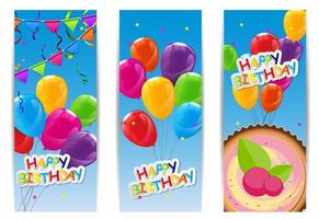 Ballons de joyeux anniversaire brillant de couleur et illustration vectorielle de fond de bannière de gâteau vecteur