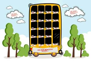 une dessin animé autobus avec une lot de les fenêtres et une lot de gens à l'intérieur, photo Cadre ensemble école, enfants, amusant, joyeux, vecteur