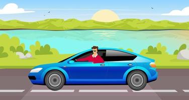 jeune homme au volant d'une berline illustration vectorielle de couleur plate. conducteur heureux en personnage de dessin animé 2d de voiture bleue avec paysage de lac sur fond. mec souriant à lunettes de soleil en voyage d'été vecteur