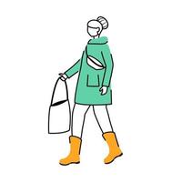 femme en illustration vectorielle de contour plat imperméable. temps humide. femme avec sac à main personnage de dessin animé isolé sur fond blanc. dame qui marche en bottes de caoutchouc dessin simple vecteur