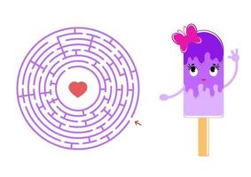 labyrinthe rond avec un personnage de dessin animé. joli popsicle avec un papillon. un jeu intéressant et évolutif pour les enfants. illustration vectorielle simple plat isolé. vecteur