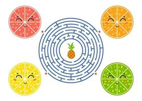 labyrinthe rond avec des personnages de dessins animés. beaux fruits. un jeu intéressant et évolutif pour les enfants. illustration vectorielle simple plat isolé vecteur