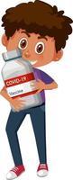 personnage de dessin animé d'un garçon tenant une bouteille de vaccin covid-19 vecteur
