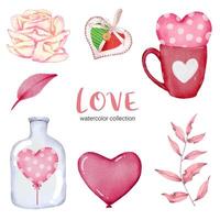 ensemble de grands éléments isolés de concept de valentine aquarelle beaux coeurs romantiques rouge-rose pour la décoration, illustration vectorielle. vecteur