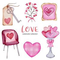 ensemble de grands éléments isolés de concept de valentine aquarelle beaux coeurs romantiques rouge-rose pour la décoration, illustration vectorielle. vecteur