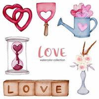 ensemble de grands éléments isolés de concept de valentine aquarelle beaux coeurs romantiques rouge-rose pour la décoration, illustration vectorielle. vecteur