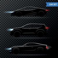 voiture réaliste sombre jeu d'icônes transparentes vector illustration