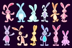 ensemble d'illustrations de lapin de vecteur. collection de lapins de dessins animés. illustrations de lapin de pâques de dessin animé de différentes couleurs et différentes positions, isolées sur fond blanc. vecteur