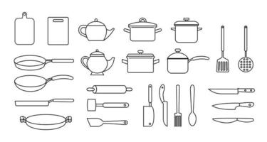 ustensiles de cuisine, ensemble de contours noirs vectoriels, collection d'ustensiles de cuisine, couteaux, théières, planches à découper isolés sur fond blanc vecteur