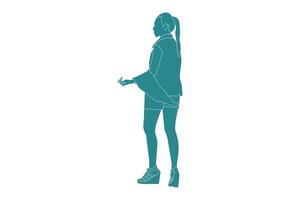 Vector illustration of casual woman posing regarde de côté, style plat avec contour