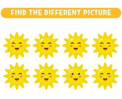 trouver le différent image de mignonne soleils éducatif Jeu feuille de travail pour des gamins vecteur