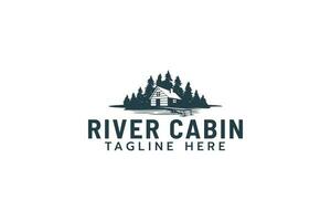 rivière cabine logo avec une combinaison de une loger, pins, et rivière ou Lac des eaux. vecteur