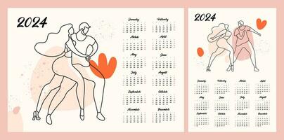 calendrier disposition pour 2024. une couple dans l'amour dansant bachata. illustration de gens dans le style de ligne art. planeur pour impression vecteur