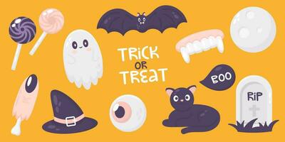 Halloween élément ensemble avec fantôme, chauve souris, doigt et bonbons vecteur