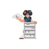 le excité Dame est en portant une information nuage et une serveur. limité. branché style, vecteur illustration