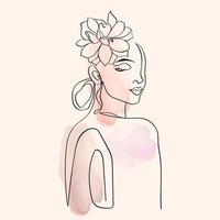 femmes et fleurs dessin au trait. fille avec des fleurs et laisse une ligne de dessin vectoriel. dessin d'art en ligne continue de portrait pour les impressions, les tatouages, les cosmétiques, la mode, les salons de beauté et la décoration murale. vecteur