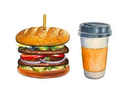 main tiré Burger et café , aquarelle Fast food illustration. vecteur