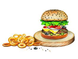 main tiré Burger et oignon anneaux , aquarelle Fast food illustration. vecteur