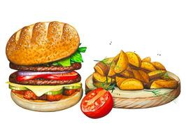 main tiré Burger, rustique patates, tomate. aquarelle Fast food illustration. vecteur