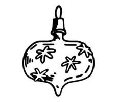 griffonnage de verre babiole sur ruban. contour dessin de Noël arbre décoration. main tiré vecteur illustration. Célibataire clipart isolé sur blanche.