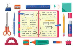 école ou Bureau écrit carnet avec coloré papeterie. retour à école et éducation concept. outils pour enfants, élèves, étudiants. ensemble articles pour conception, éducatif étude promotion les publicités, social médias vecteur