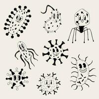 ensemble de mignonne dessin animé noir et blanc bactéries, virus personnage. vieux animation Années 60 années 70, marrant dessin animé personnages. branché illustration dans rétro style. vecteur