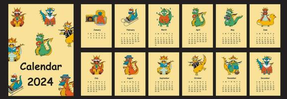 2024 calendrier avec marrant fantaisie personnages dragon . calendrier planificateur minimal style, annuel organisateur. vecteur illustration