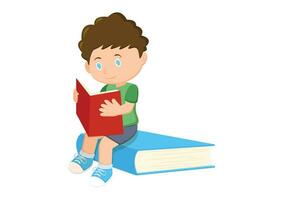 une peu garçon en train de lire une livre séance sur une gros livre vecteur illustration isolé sur blanc Contexte