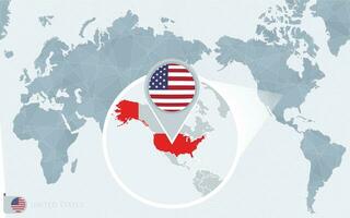 pacifique centré monde carte avec agrandie Etats-Unis. drapeau et carte de Etats-Unis. vecteur